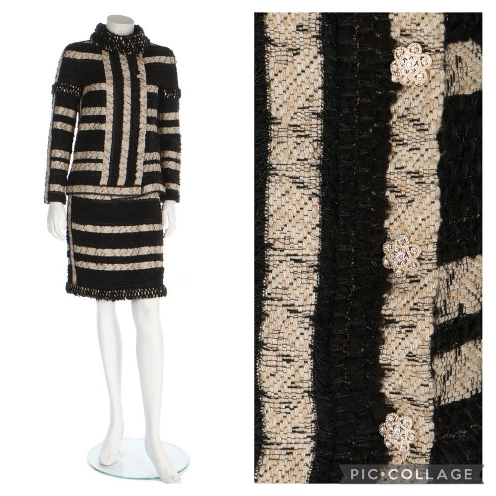 CHANEL Paris Moscou 09 black and Cream Striped tweed Knit Skirt Suit 36 - Picture 3 of 16